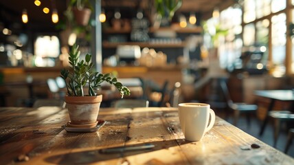 Cup of coffee on a wooden table in a cozy cafe with people in background. Close up of wooden table in coffee shop with cozy atmosphere. Coffee shop and socializing concept for design and print. AIG53.