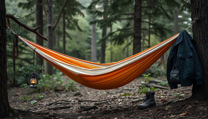 Orange Hammock Hanging Between Trees in a Forest