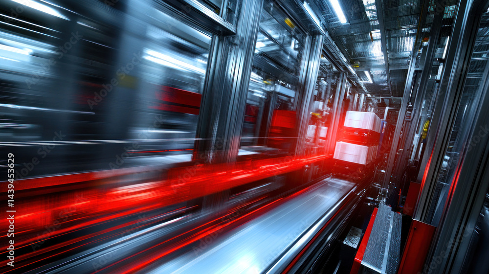 Poster a blurry image of a train with red lights and a red stripe. the train appears to be moving quickly t