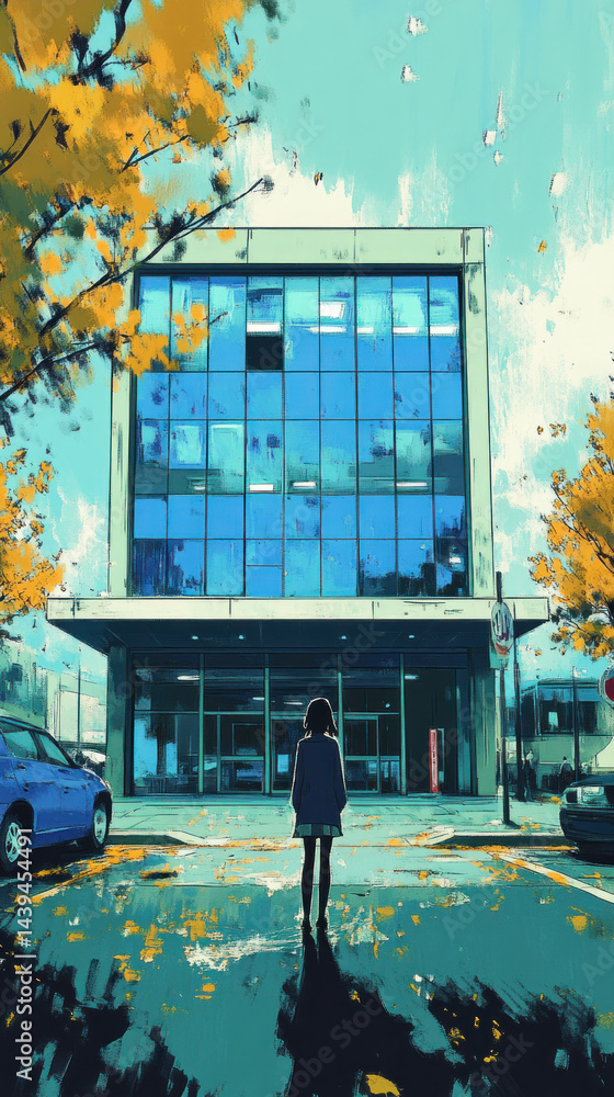 Poster a woman stands in front of a large building with a blue window. the building is surrounded by trees 