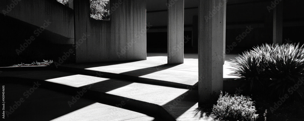 Poster a black and white photo of a concrete walkway with shadows cast by pillars. the photo has a moody an