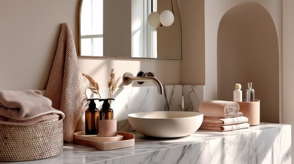 Minimalist Luxury Editorial of Chic Modern Bathroom with Marble Countertops, Arched Mirror, Soft Warm Lighting, Neutral Tones, Elegant Feminine Vibe.