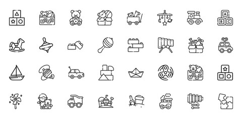 Baby toys features editable stroke outline icons set isolated on white background flat vector illustration.