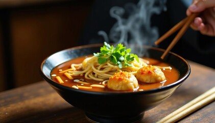 Steaming bowl of ramen noodles, chopsticks, gyoza, cuisine, high-resolution
