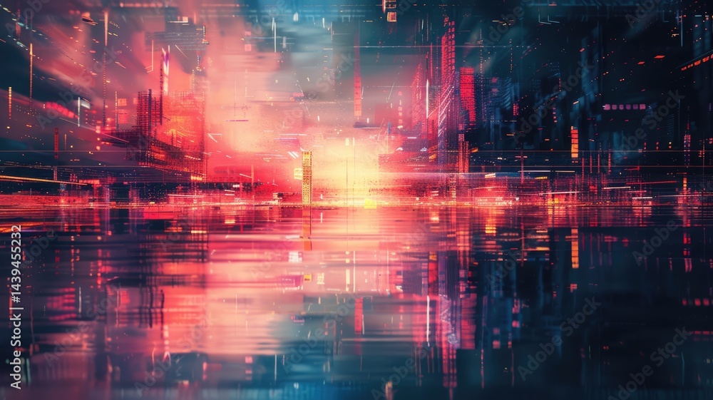 Aufkleber digital tunnel with bright light and vibrant colorful pixels. technology and sci-fi concept for wall