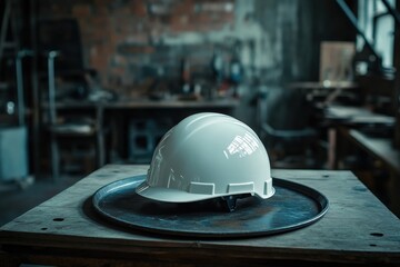 White safety helmet resting on metal tray in workshop.