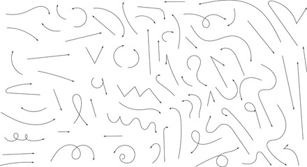 Hand drawn freehand Grunge Charcoal arrows icons set. Different curved lines, swirls arrows. Doodle marker drawing Direction pointers. Marker stroke.