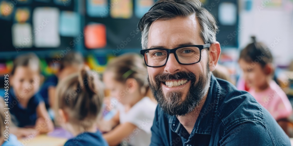 Wall mural smiling teacher in a classroom with students. education and teaching concept. human portrait of inst
