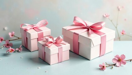 Fototapeta premium Subtle watercolor gift boxes, delicate floral accents, pastel hues , cute, surface pattern, gift wrap
