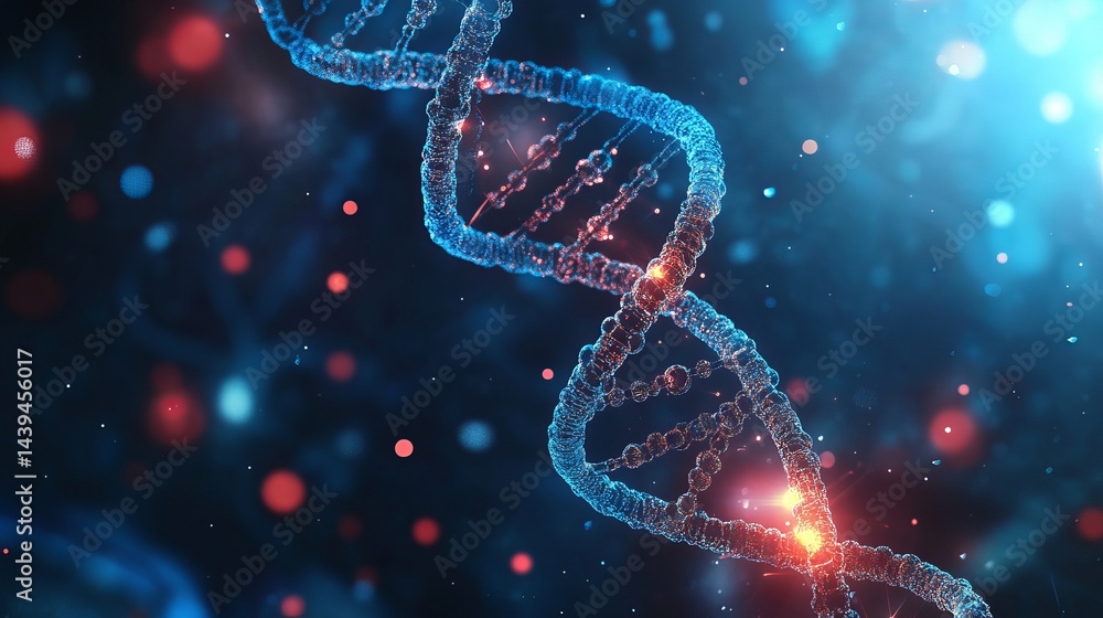 Poster abstract dna helix structure red blue glowing particles science 3d gene cell data design future