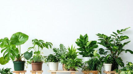 Indoor plants with long green leaves on wooden stools on white background.
