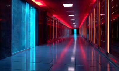 Fototapeta premium Futuristic Server Room Corridor with Neon Red and Blue Lighting