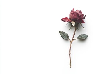 Dried dark red rose on white background