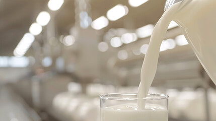 This image showcases a glass being filled with fresh, white milk in what appears to be a dairy production facility. The background is slightly blurred, emphasizing the stream of milk flowing smoothly 