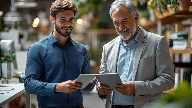 Business meeting in modern workspace with two professionals discussing project details on tablets