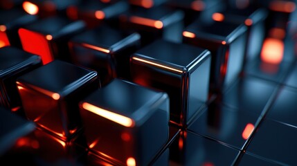 Abstract metallic cubes, glowing red accents, futuristic technology background, design element