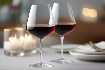 Elegant red wine glasses glimmer softly next to flickering candl