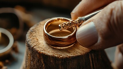 A skilled artisan meticulously crafts a beautiful gold wedding band using intricate hand tools on a rustic wooden surface in a close-up detailed shot.