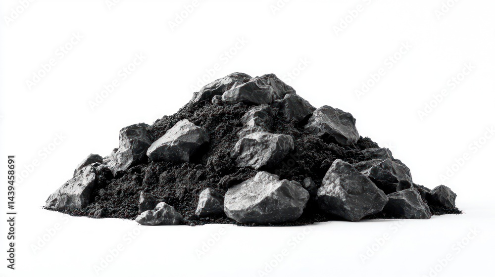Poster isolated black soil pile with rough texture and soft shadows on white background.