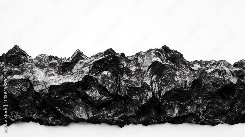 Poster isolated black soil pile with rough texture and soft shadows on white background.