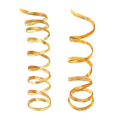 Gold spiral curls from vibrant collection of bows, ribbons. Hand-painted in watercolor with gold paint accents. Isolate elements are presented for decorating, designing textile, prints, packaging