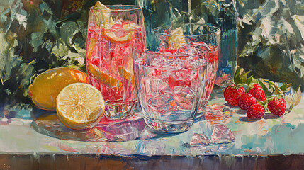 This refreshing image showcases a vibrant assortment of sliced fruits, including grapefruit, lime, lemon, and berries, all set against a backdrop of shimmering ice cubes. The colorful array of fruits 
