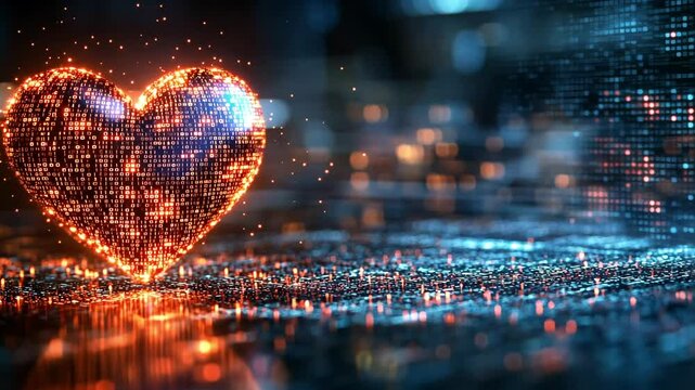 Digital heart glowing in a futuristic environment with vibrant colors and sparkling lights at night