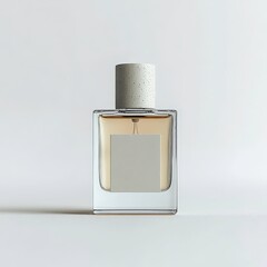 Elegant glass perfume bottle with minimalistic design against a plain background