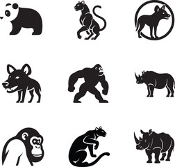 Black and white animal icons set, minimalist wildlife silhouettes, vector art illustration