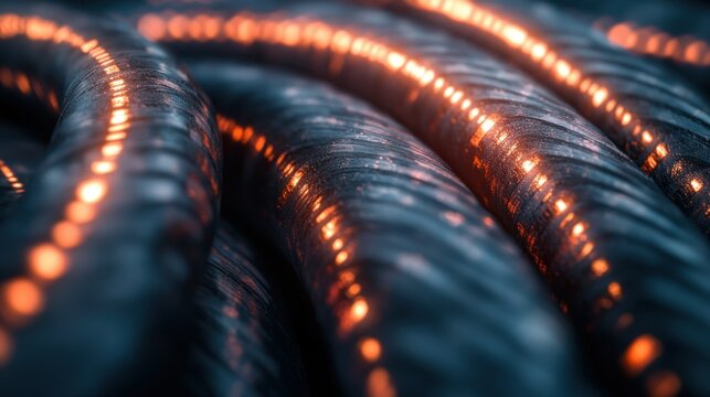 Illuminated metallic cables showcasing vibrant orange and blue textures throughout the image