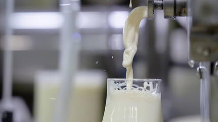 Milk is being poured from a container into a clear glass on a metallic surface. The stream of milk creates a smooth, creamy texture, highlighting the freshness and purity of the beverage.