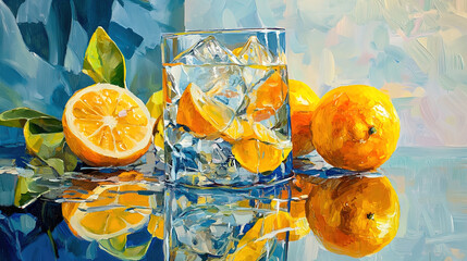 This refreshing image showcases a vibrant assortment of sliced fruits, including grapefruit, lime, lemon, and berries, all set against a backdrop of shimmering ice cubes. The colorful array of fruits 