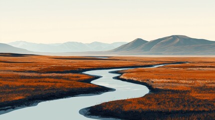 Winding river meanders through a vibrant autumnal landscape.
