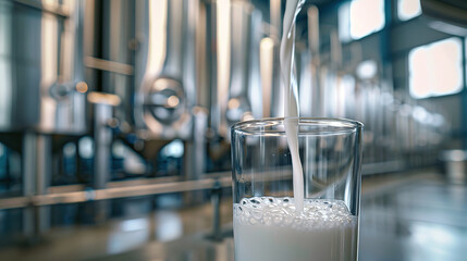 This image showcases a glass being filled with fresh, white milk in what appears to be a dairy production facility. The background is slightly blurred, emphasizing the stream of milk flowing smoothly 
