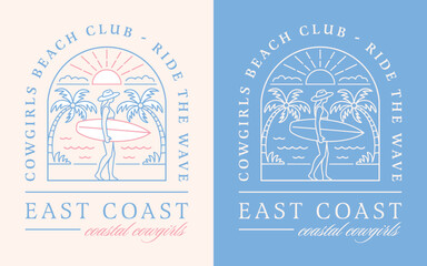 Coastal cowgirl East coast beach club summer girls trip surf lovers blue pink surfer girl aesthetic print. Retro vintage boho girly quotes ride the wave printable poster sticker badge shirt design.