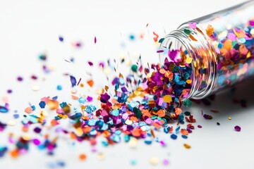 Fototapeta premium Colorful glitter spills from a glass container on a bright surface during crafting activity