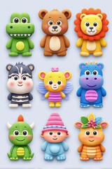 Naklejka premium Nine Adorable Pastel Voxel Animals on Light Blue Background