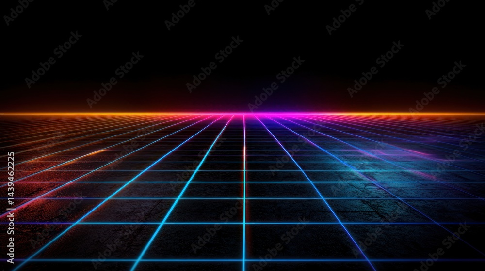 Wall mural retrofuturistic grid floor glowing neon lights, empty space