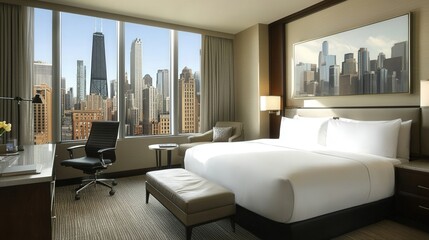 Chic Chicago hotel room with panoramic city views.