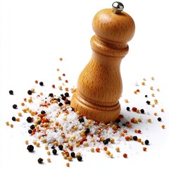 Wooden pepper mill spills various spices and salt on a clean surface