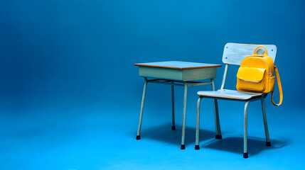 Children&rsquo;s Desk and Chair with Yellow School Bag on Solid Blue Background