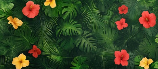 Naklejka premium Vibrant Tropical Paradise: Hibiscus and Monstera Delights