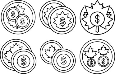 dollar, money converter, usd, usd to inr, currency, eurusd, eur usd, line art, isolated, clipart,, Outlined coins with dollar signs and maple leaves in circular designs in a black