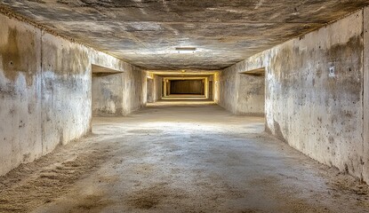 Obraz premium Long, dimly lit concrete corridor; aged, empty, and showing wear