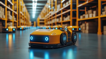 Fototapeta premium Advanced Warehouse Robot with Blue Lights Clearing Path in Modern Storage Facility