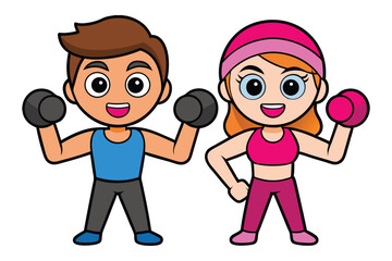 Male and Female Duo in Fitness Challenge with Free Weights – Bold Vector Style – High Energy Pose
