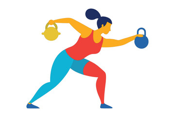 Fit Female Athlete Doing Kettlebell Swings – Dynamic Motion – Clean Vector Illustration on Bright Background