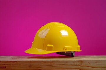 Bright yellow safety helmet on a wooden surface.