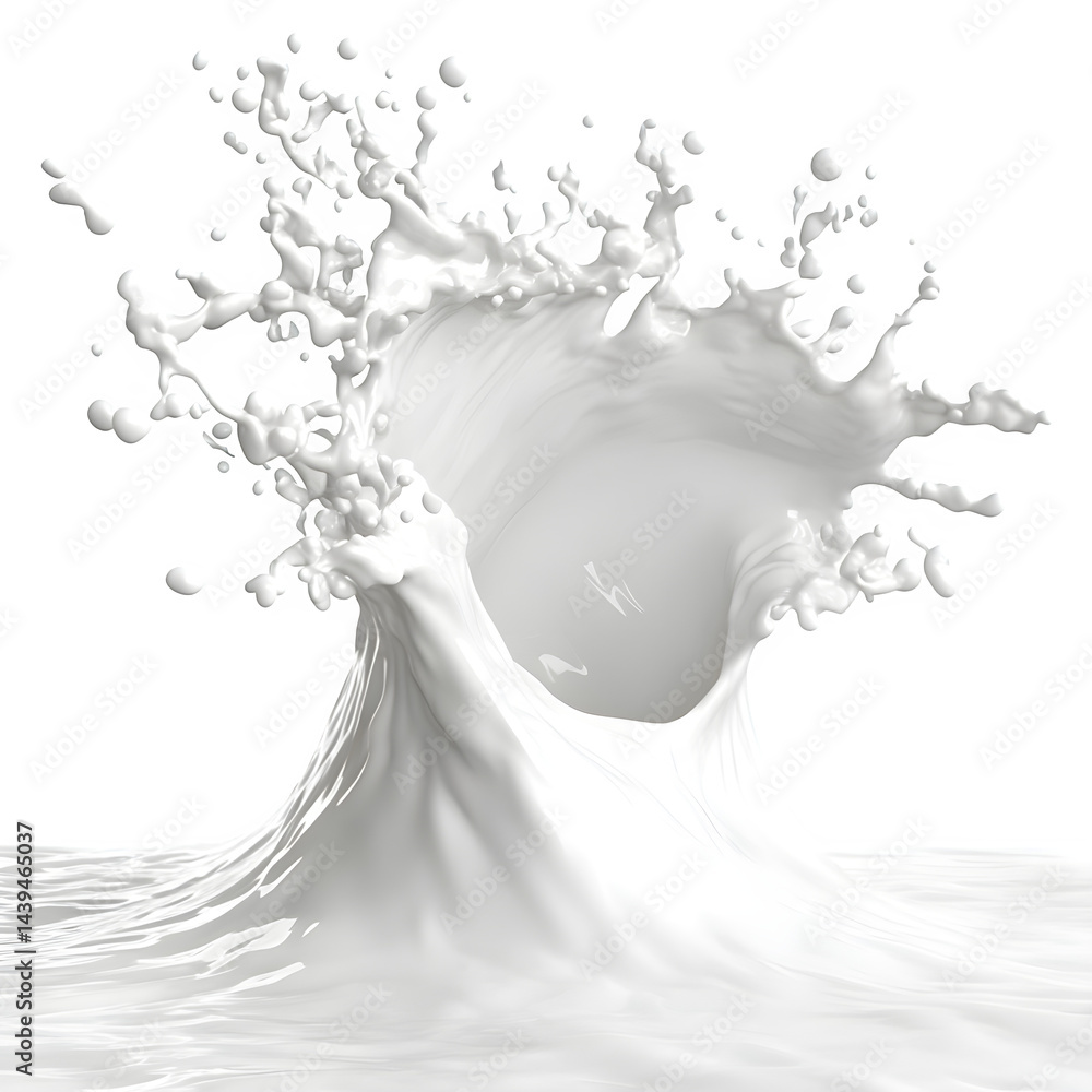 Poster a dynamic milk splash with intricate droplets against a stark black backdrop in a studio shot