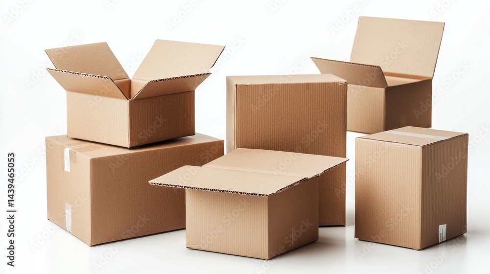 Poster isolated empty carton boxes with custom branding area on white background